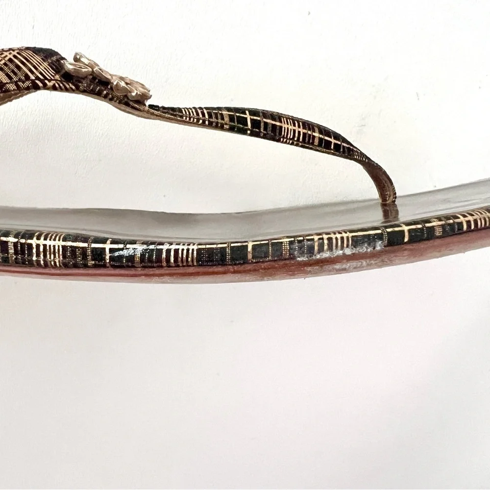 CHANEL | Gold Metallic Tweed Print Crystal CC Logo Thong Sandals 40C Wide